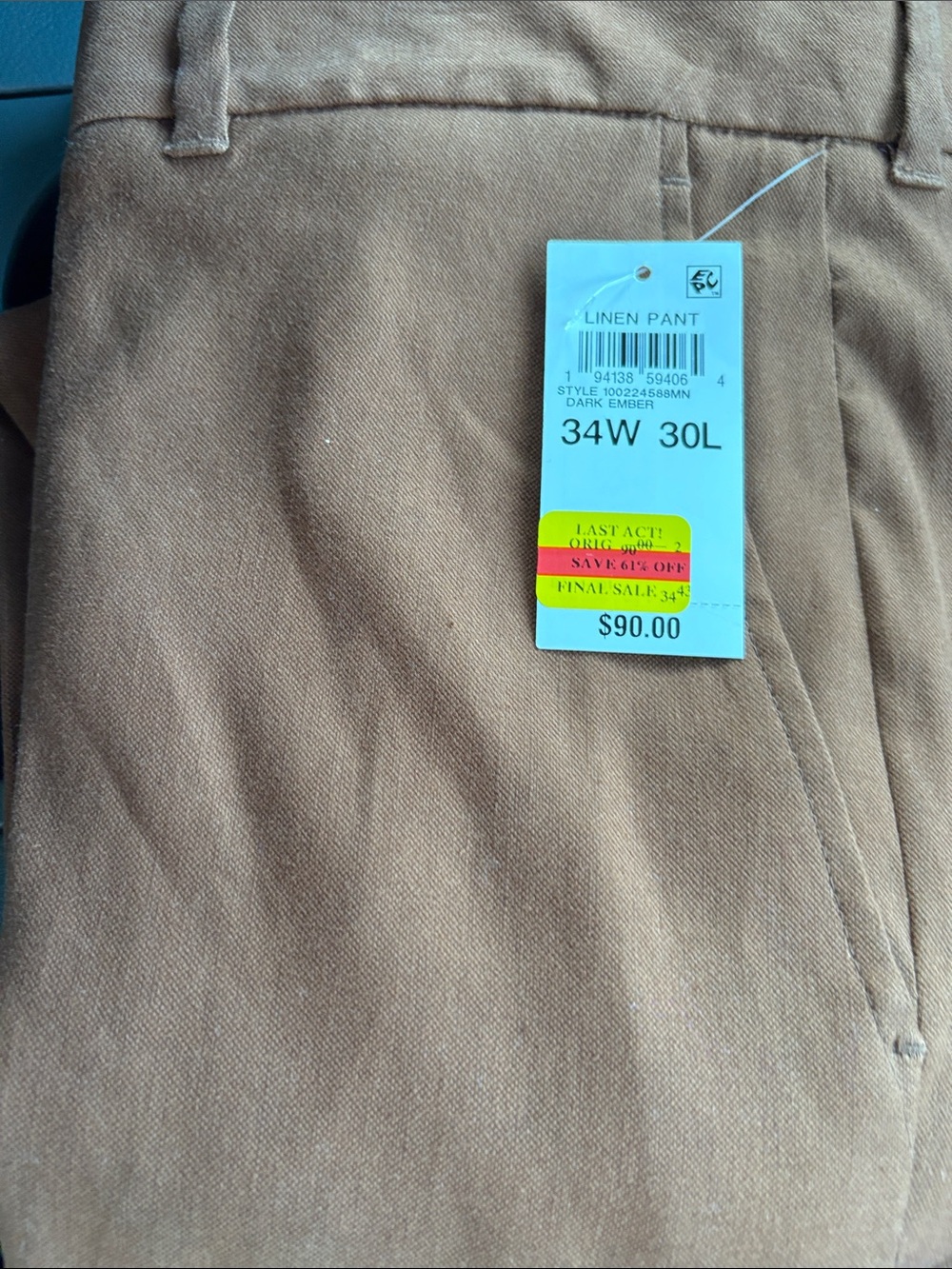 Alfani Brown Linen Blend Men’s Chinos! NWT!